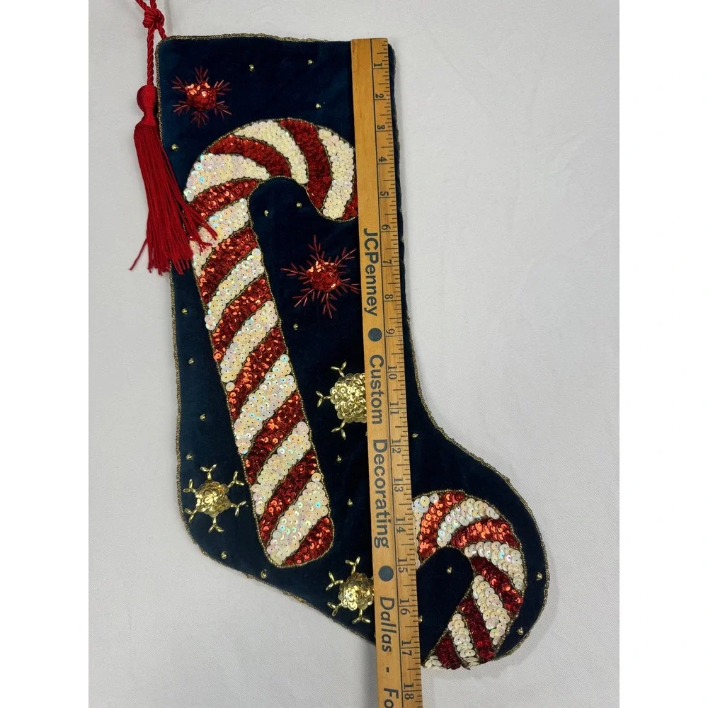 Prima Creations Velvet Christmas Stockings Navy Burgundy Sequin Candy Cane Set 2